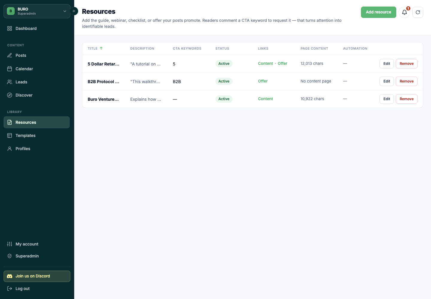 AutoPoster’s BURO resources library showing conversion assets, CTA keywords, page-content status, and automation controls.
