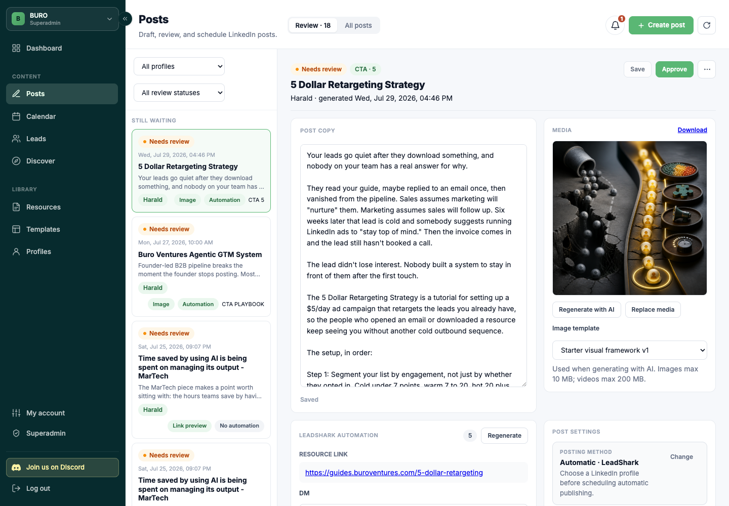 AutoPoster’s BURO post-review workspace with draft filters, editable post copy, generated imagery, and approval controls.